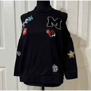 womens varsity y2k sweater black patches hip hop cold shoulder S